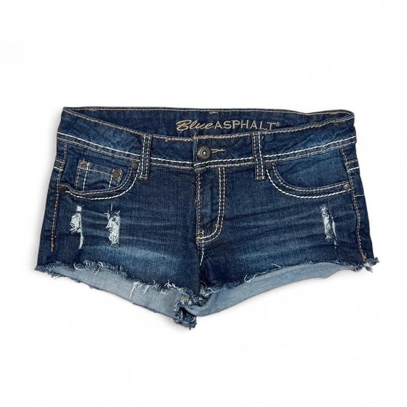 Y2K‎ Blue Asphalt Denim Low Rise Micro Mini Shorts Women's 5 Distressed Cut Off - Picture 1 of 6